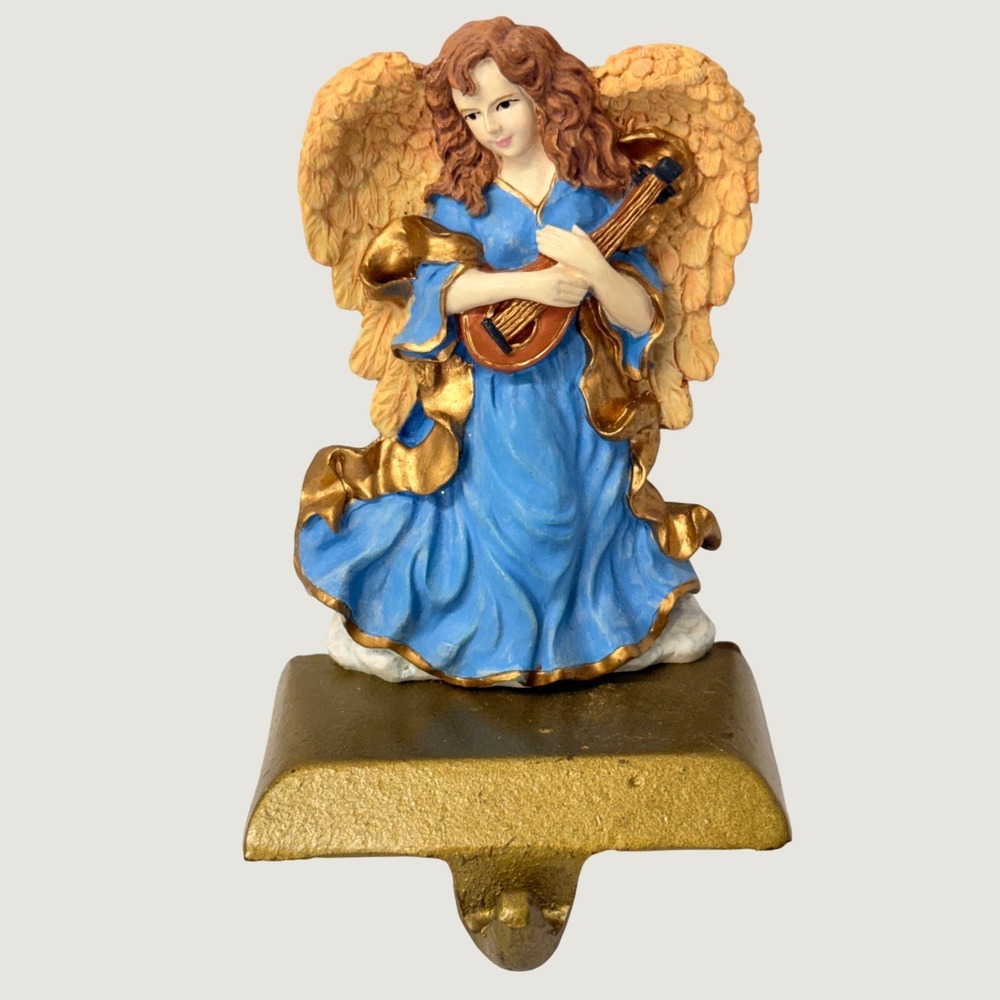 Vintage Angel Stocking Holder Blue Gown Gold Wings Christmas Mantel Decor 5.5"